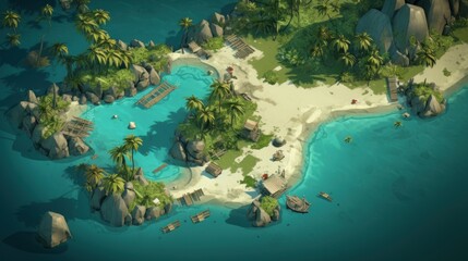 Fototapeta na wymiar A computer generated island with palm trees and rocks