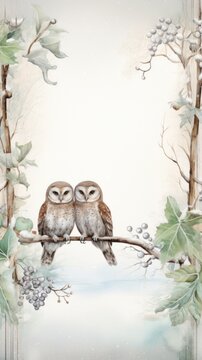 Two owls sitting on a branch of a tree
