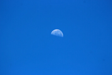 A half moon visible in the morning blue sky
