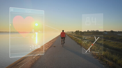 Cyclist riding on a bike - Digital graphic hologram of pulse, heartbeat and pace
