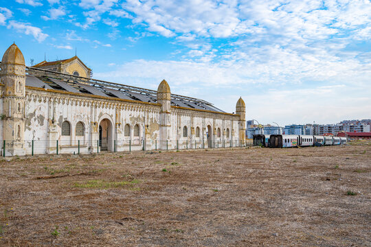 old and deactivated railway station in the city of Barreiro in a state of degradation with obsolete and inoperable train carriages