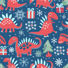 Vector christmas pattern with
cartoon dinosaurs, gifts, christmas tree and snowflakes on a blue background. 
2024 New Year fashion ornament for fabric, paper,
textiles, notepad, children clothing.