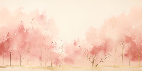 Romantic pink trees in pink mood, pale red cherry forest, park card illustration. Welcome the blossoms, season. Vintage, watercolored art. Card, banner. Copy space.