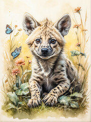 Obraz premium alcohol ink on textured paper, soft textures, gentle ink lines, washed ink, nuanced colors, vignette, cute animal surrounded by beautiful flowers, whimsical style