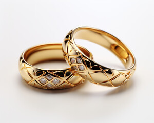 golden pair of rings heart for wedding and valentine, diamonds