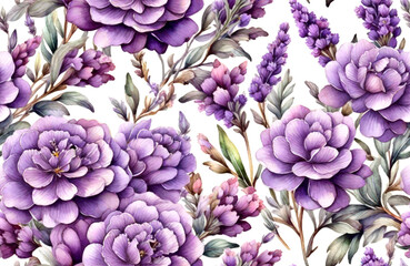 Elegant hand painted violet flowers seamless pattern. Generative ai