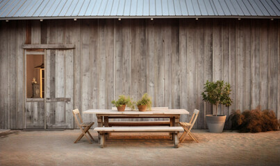 Rustic Farmhouse Outdoor Dining with Weathered Wood and Textured Galvanized Wall
