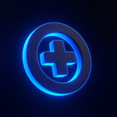 Plus symbol with bright glowing futuristic blue neon lights on black background. 3D icon, sign and symbol. Cartoon minimal style. 3D render illustration