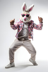 Abstract, modern, Easter bunny dancing and posing like a man. Modern hipsters, animals in fashionable suits.