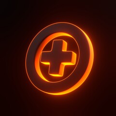 Plus symbol with bright glowing futuristic orange neon lights on black background. 3D icon, sign and symbol. Cartoon minimal style. 3D render illustration