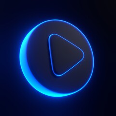 Round play button with bright glowing futuristic blue neon lights on black background. 3D icon, sign and symbol. Cartoon minimal style. 3D render illustration