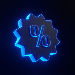 Shopping price tag, discount coupon and percent symbol with bright glowing futuristic blue neon lights on black background. 3D icon, sign and symbol. Cartoon minimal style. 3D render illustration