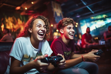 Close-up of two Caucasian teenage boys playing video games. Excited young gamers with joysticks in their hands are passionate about game and having real fun. Entertainment and gaming for kids concept. - obrazy, fototapety, plakaty