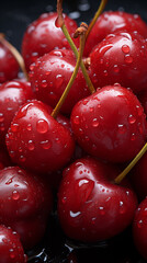 Photo of a pile of cherries sitting on top of each other, , shiny, glossy from rain cherry, close-up, food photography