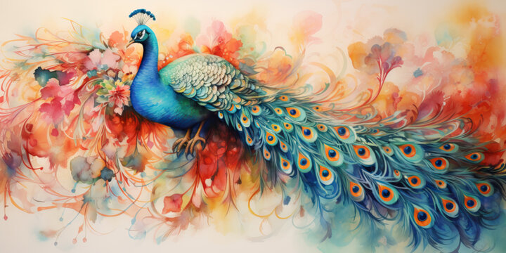 A stunning colourful peacock made of intricate details