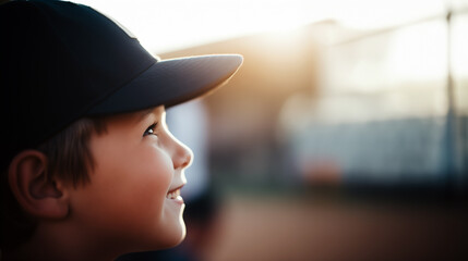Boy with Baseball Cap at Sunset - obrazy, fototapety, plakaty