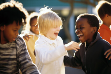  Diverse group of children laugh and interact in a playful setting, showcasing unity and the joys of diversity.