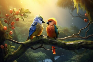 Two parrots sitting on a branch in the forest, 3d rendering, Ai Generated