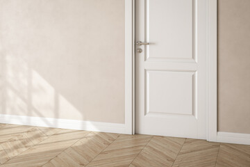 Modern and minimalist interior of living room ,empty room ,beige wall and wooden floor, plant.