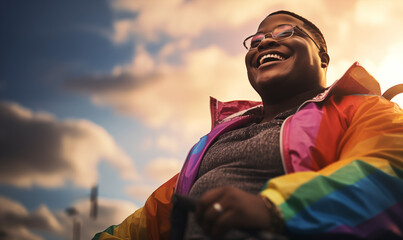 Candid pride close-up portrait of a happy plus-size disabled black man in a wheelchair smiling celebrating pride festival - obrazy, fototapety, plakaty