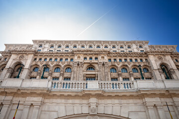 Fototapeta premium Panorama of the Romanian palace of parliament in Bucharest, symbol of romanian communism, also called Casa Poporului, seen from below in Bucharest, Romania.