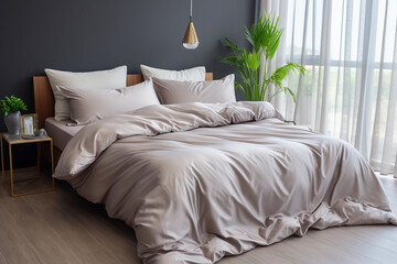 Fototapeta na wymiar Beautiful bedroom with silk satin sheets