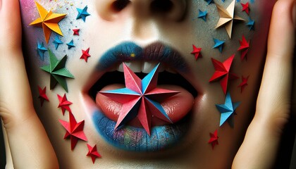 Vivid paper stars on skin blend art and playfulness in a vibrant makeup display
