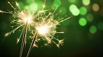 Close-up of sparklers emitting bright sparks on bokeh green background.  New Year's Eve celebration.  Fireworks with copyspace.