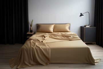 Modern bedroom interior with gold linens