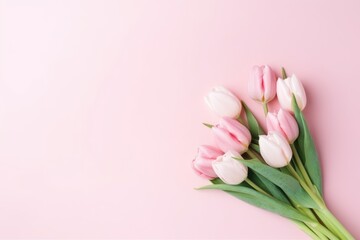 Beautiful composition spring flowers. Bouquet of pink tulips flowers pastel pink background. Valentine's Day, Easter, Birthday, Happy Women's Day, Mother's Day. Flat lay, top view, copy space