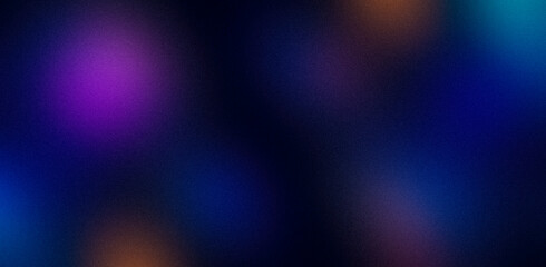 Multicolored lanterns through a window covered with ice. Matte blurred blue pink yellow orange neon grainy background for website banner. Desktop design. Large, wide template, pattern. Color gradient