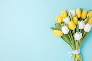 Beautiful composition spring flowers. Bouquet of yellow white tulips flowers pastel blue background. Valentine's Day, Easter, Birthday, Happy Women's Day, Mother's Day. Flat lay, top view, copy space