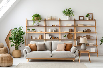 Interior of attic living room with white sofa, bookshelves and plants. 3d render