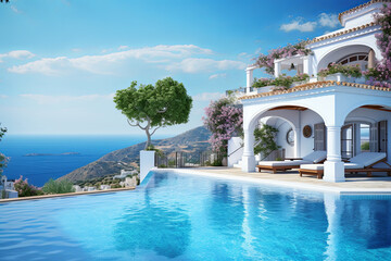 Fototapeta na wymiar White villa with swimming pool on the background of a blue sky