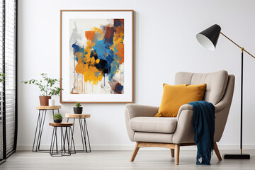 Living room interior with armchair, coffee table, lamp and a painting on the wall. 3d render - obrazy, fototapety, plakaty