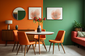 Interior of modern dining room with green walls, wooden floor, orange armchairs and round table. 3d render