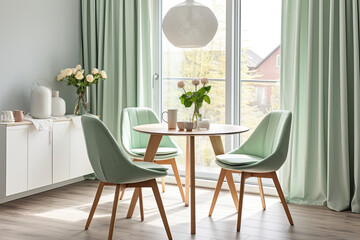 Fototapeta premium Interior of modern living room with green walls, wooden floor, round table and two green chairs. 3d render