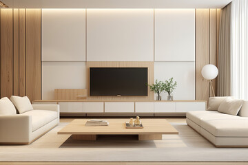 Interior of modern living room with white walls, wooden floor, white sofa and black mock up poster frame. 3d rendering