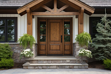 The front door of a wooden house with white flowers in pots. - Powered by Adobe
