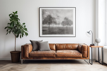 modern living room with brown leather sofa and black picture on the wall