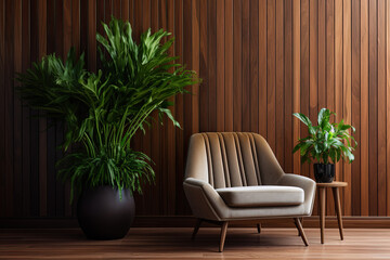 Interior of a modern living room with a brown leather armchair and a plant