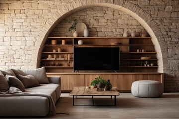 Interior of modern living room with brown sofa and wooden bookcase