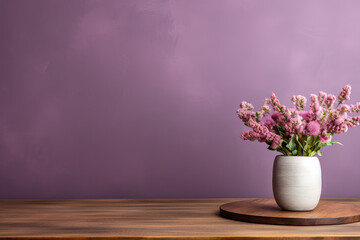Fototapeta na wymiar Vase with dried flowers on wooden table over wall. 3d render
