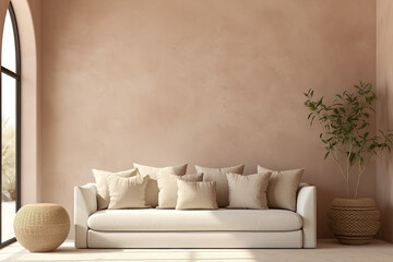 interior with brown wall, sofa and plant, 3d render