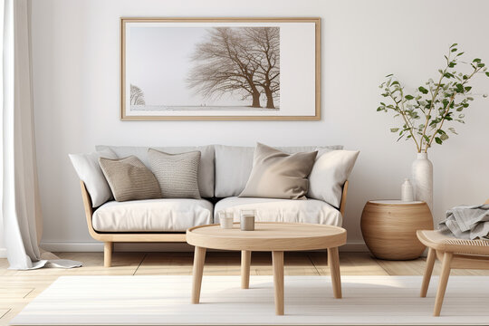 Interior of modern living room with white sofa, wooden coffee table and plant. 3d render