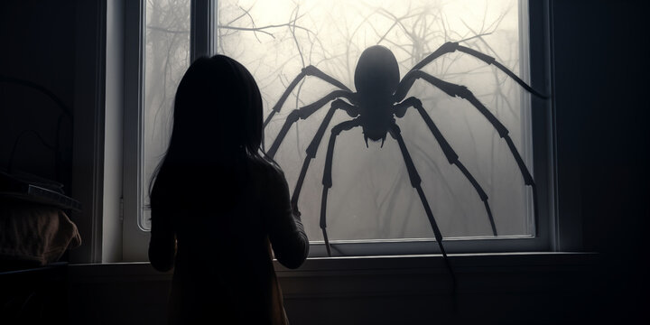 Arachnophobia, surreal view of kids looking at big spider on a window