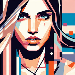 fashion girl,close-up,flat illustration, geometric shapes, look into camera,colorful niji5-- style expressive