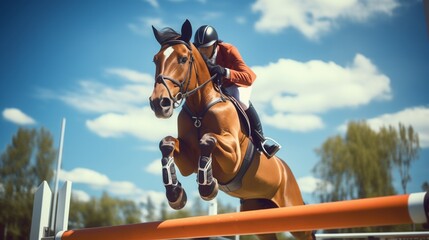 The Majestic Leap: A Horse and Rider Soaring Over an Impressive Obstacle - obrazy, fototapety, plakaty
