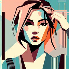 fashion girl,close-up,flat illustration, geometric shapes, look into camera,colorful niji5-- style expressive
