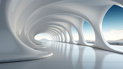 Modern architectural design of a white curved structure with reflective floors.